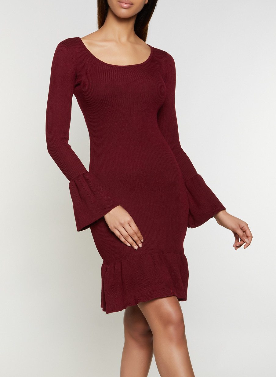 Ribbed Bell Sleeve Sweater Dress