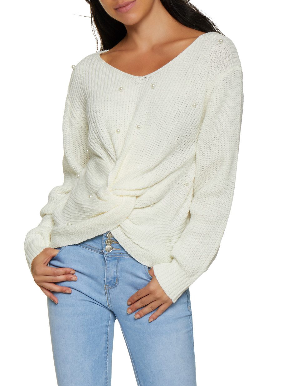 Twist Front Faux Pearl Studded Sweater