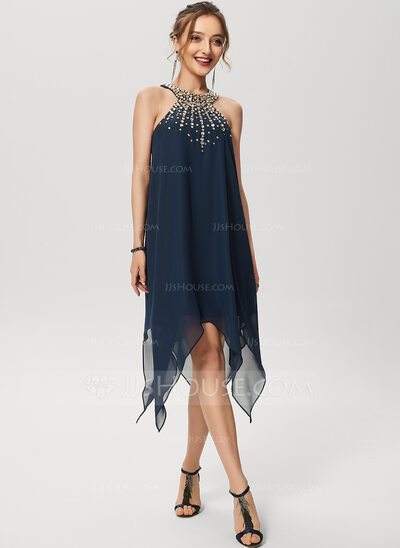 A-Line Scoop Neck Asymmetrical Chiffon Cocktail Dress With B...