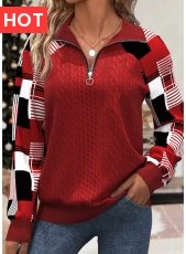 Red Patchwork Plaid Long Sleeve Turn Down Collar Sweatshirt