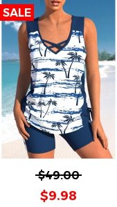 Criss Cross Tropical Plants Print Navy Tankini Top