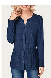 Navy Blue Split Neck Lace Panel Blouse