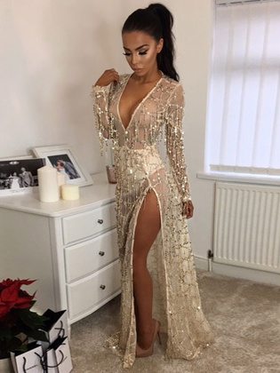 Maxi Party Dress Sequin Glitter Formal Dress Women Sheer Plunging Split Long Sleeve Gold Sexy Dress