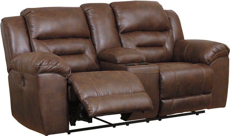 Stoneland Chocolate Brown Casual Reclining Love Seat with Center Console