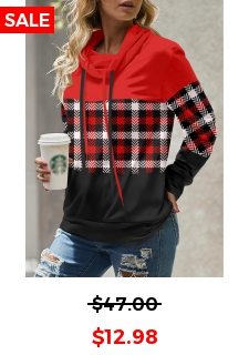 ROTITA Patchwork Plaid Red Cowl Neck Long Sleeve Sweatshirt