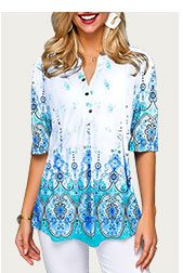 Split Neck Tribal Print Button Front Blouse