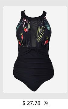 Ruched Tropical Print Black One Piece Swimwear