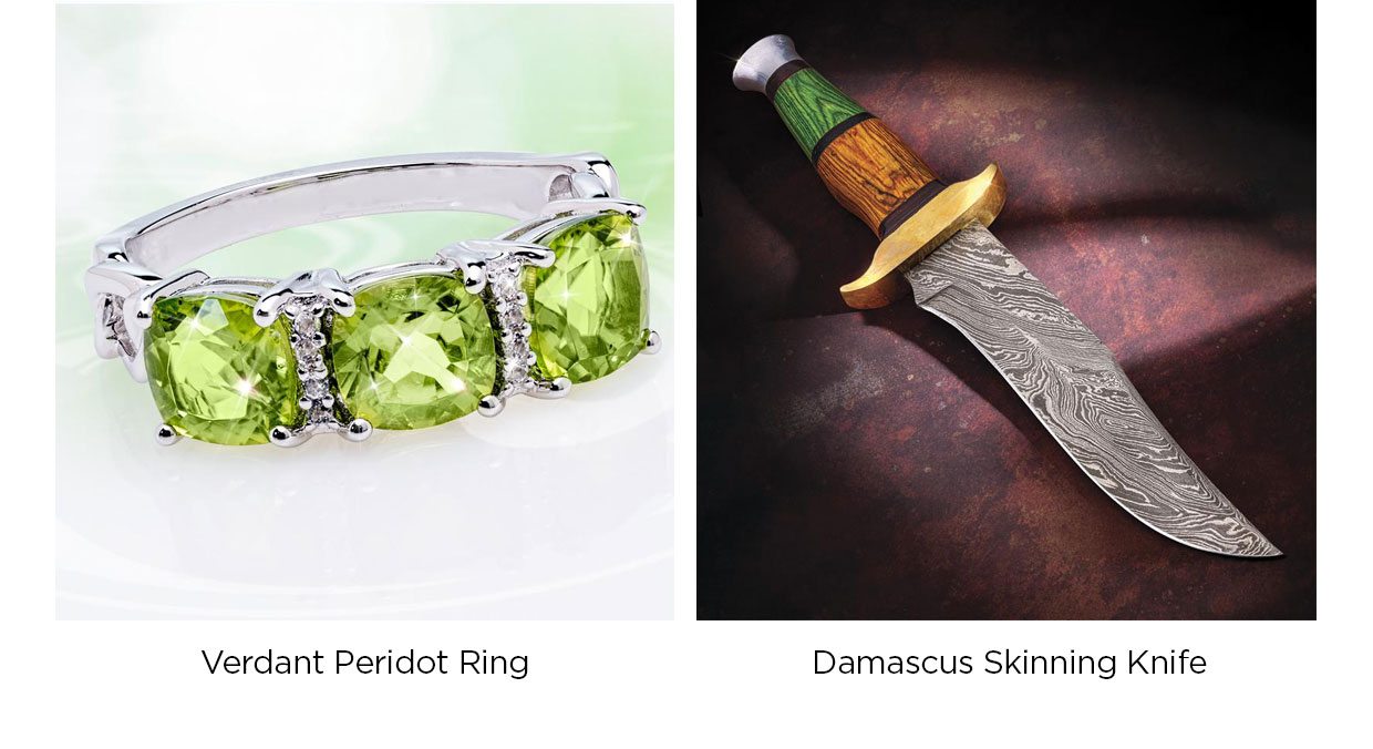 Verdant Peridot Ring. Damascus Skinning Knife