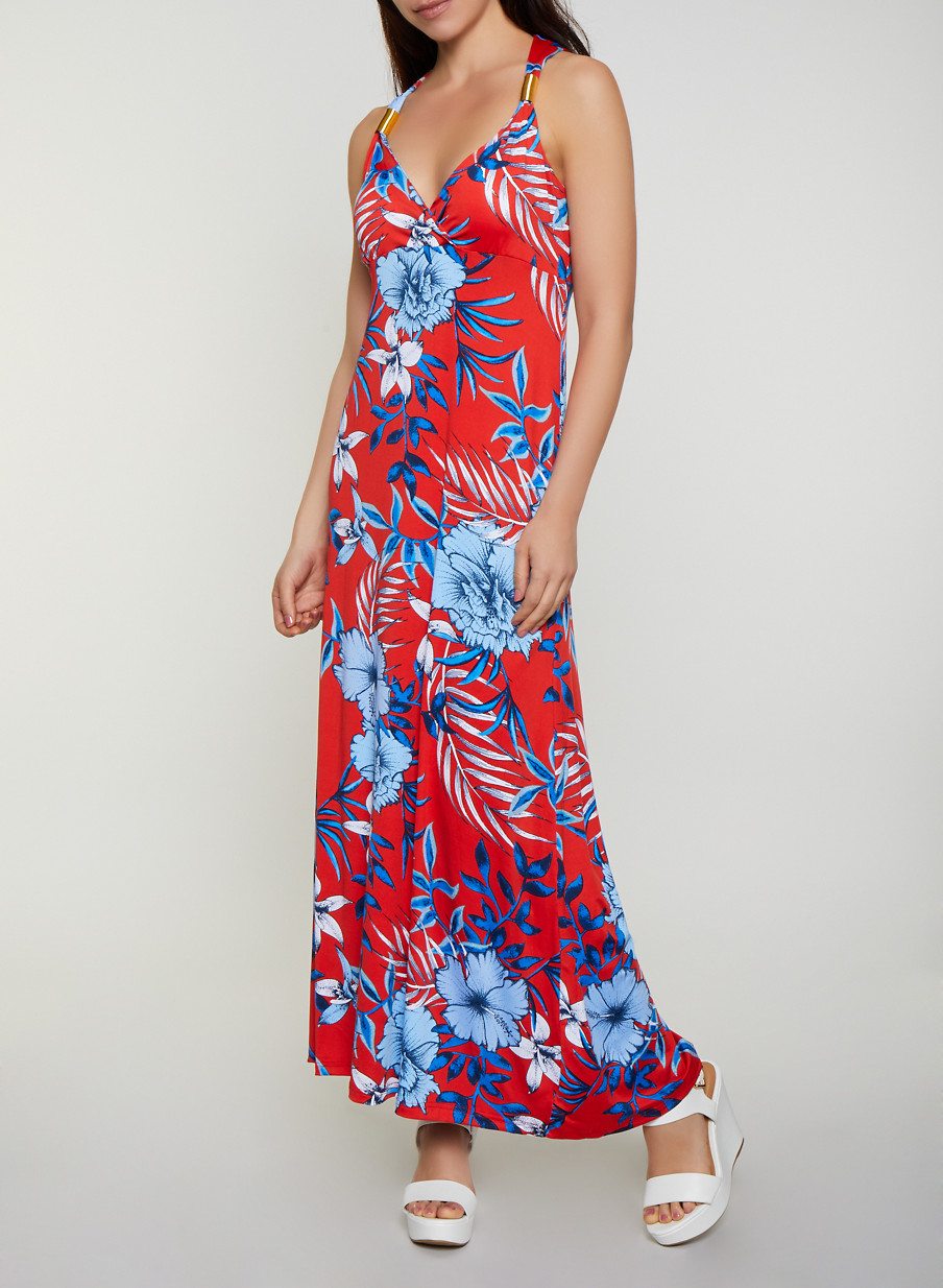 Metallic Coil Detail Floral Maxi Dress