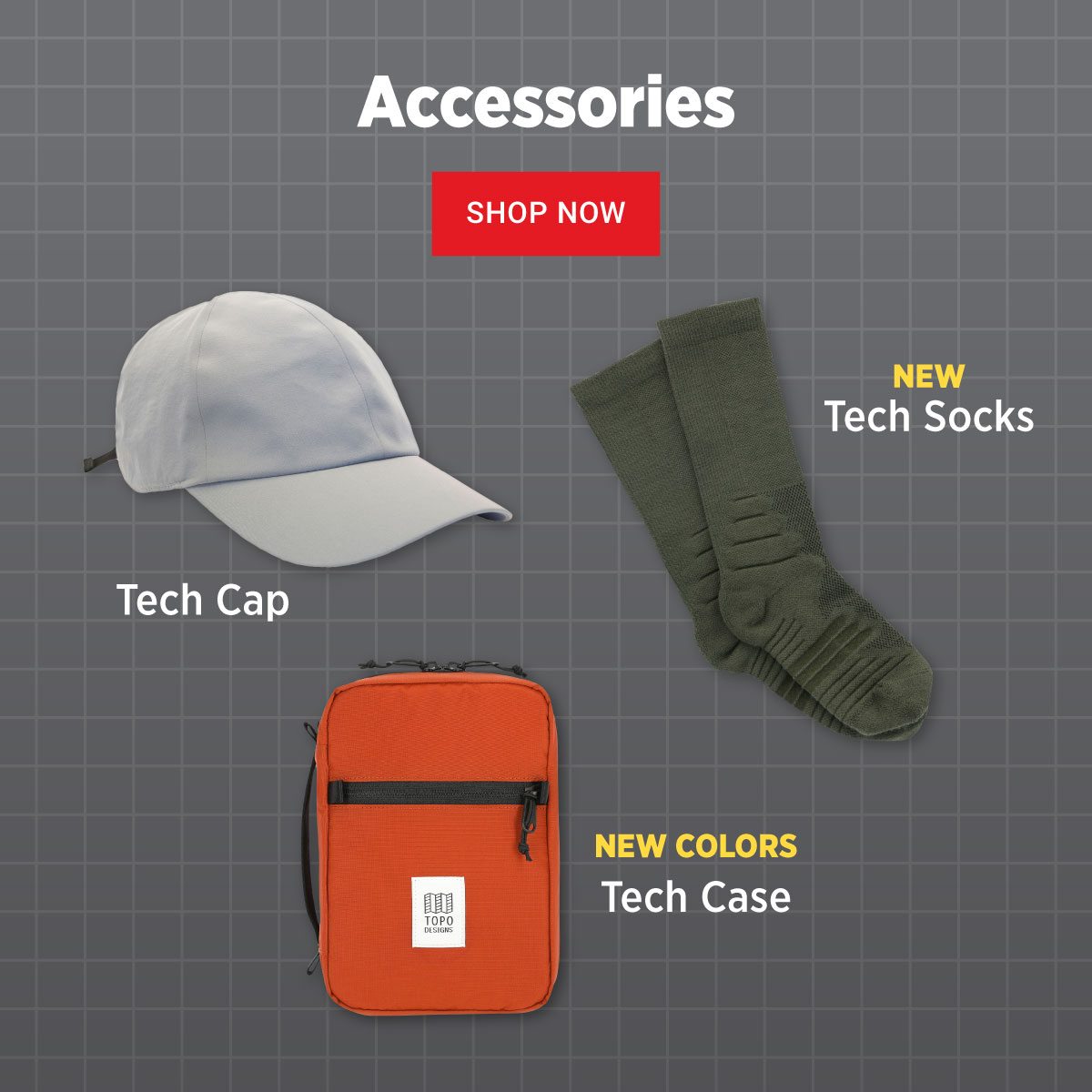 ACCESSORIES - NEW TECH SOCKS, TECH CAP, NEW COLORS OF TECH CASE