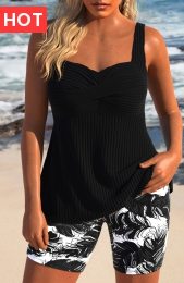 Surplice Feathers Print Black Tankini Set