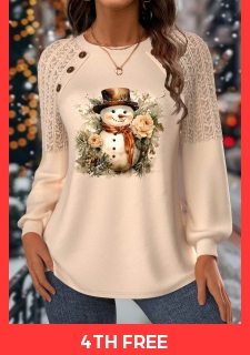 Christmas Skin Color Lace Long Sleeve Round Neck Sweatshirt