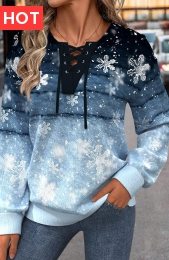 Dusty Blue Lace Up Snowflake Print Long Sleeve Sweatshirt