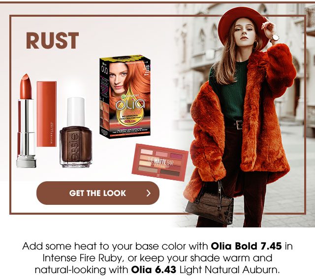 RUST - GET THE LOOK > - Add some heat to your base color with Olia Bold 7.45 in Intense Fire Ruby, or keep your shade warm and natural-looking with Olia 6.43 Light Natural Auburn.