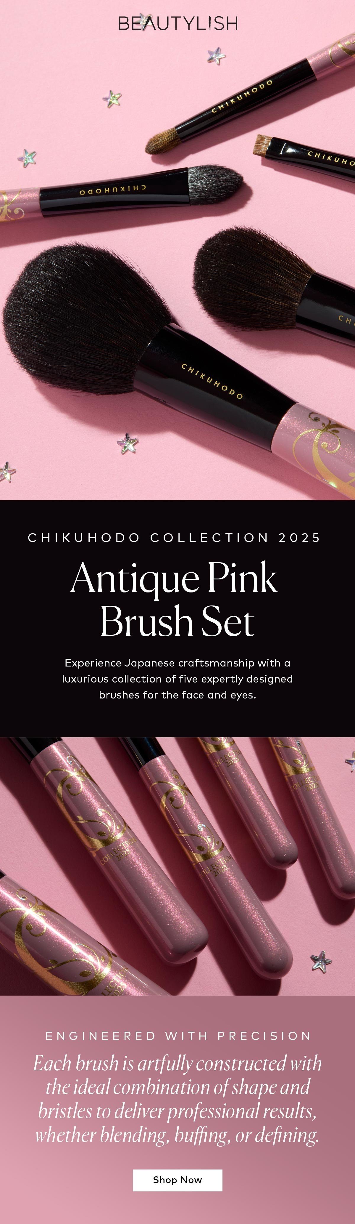 Experience Japanese craftsmanship with a luxurious collection of five expertly designed brushes for the face and eyes. Shop the CHIKUHODO Antique Pink Brush Set now available at Beautylish.com