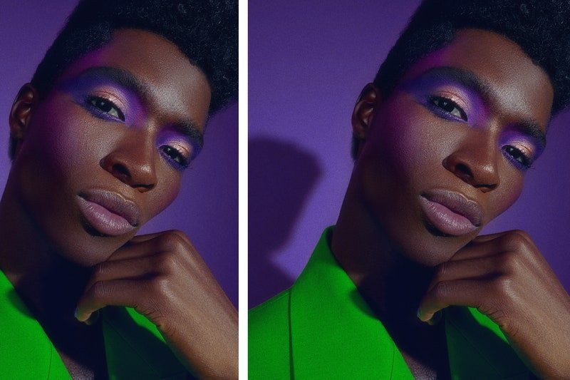 Three side by side images of a man wearing a lime green suit with a smokey purple eyeshadow look in front of a purple background