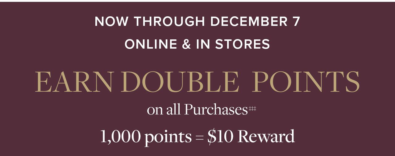 Now Through December 7 Online and In Stores Earn Double Points on all Purchases 1,000 points = $10 Reward