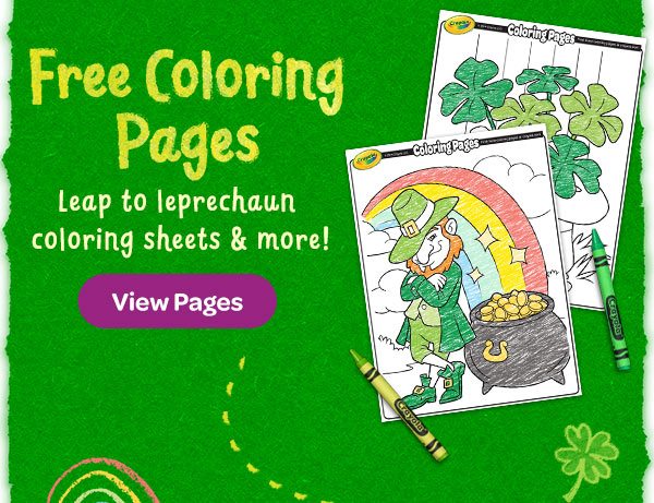 St Patrick's Day coloring pages with green four leaf clovers and a leprechaun next to a pot of gold