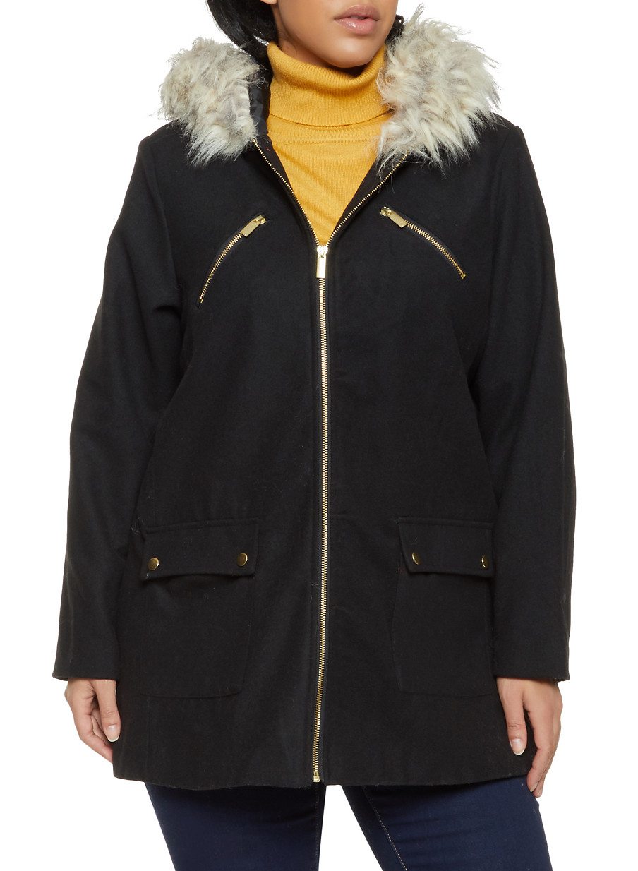 Plus Size Faux Fur Trim Hooded Wool Coat