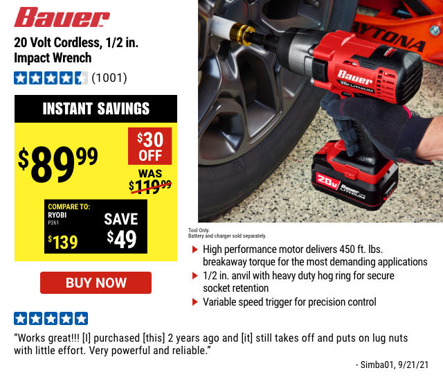 20 Volt Cordless, 1/2 in. Impact Wrench