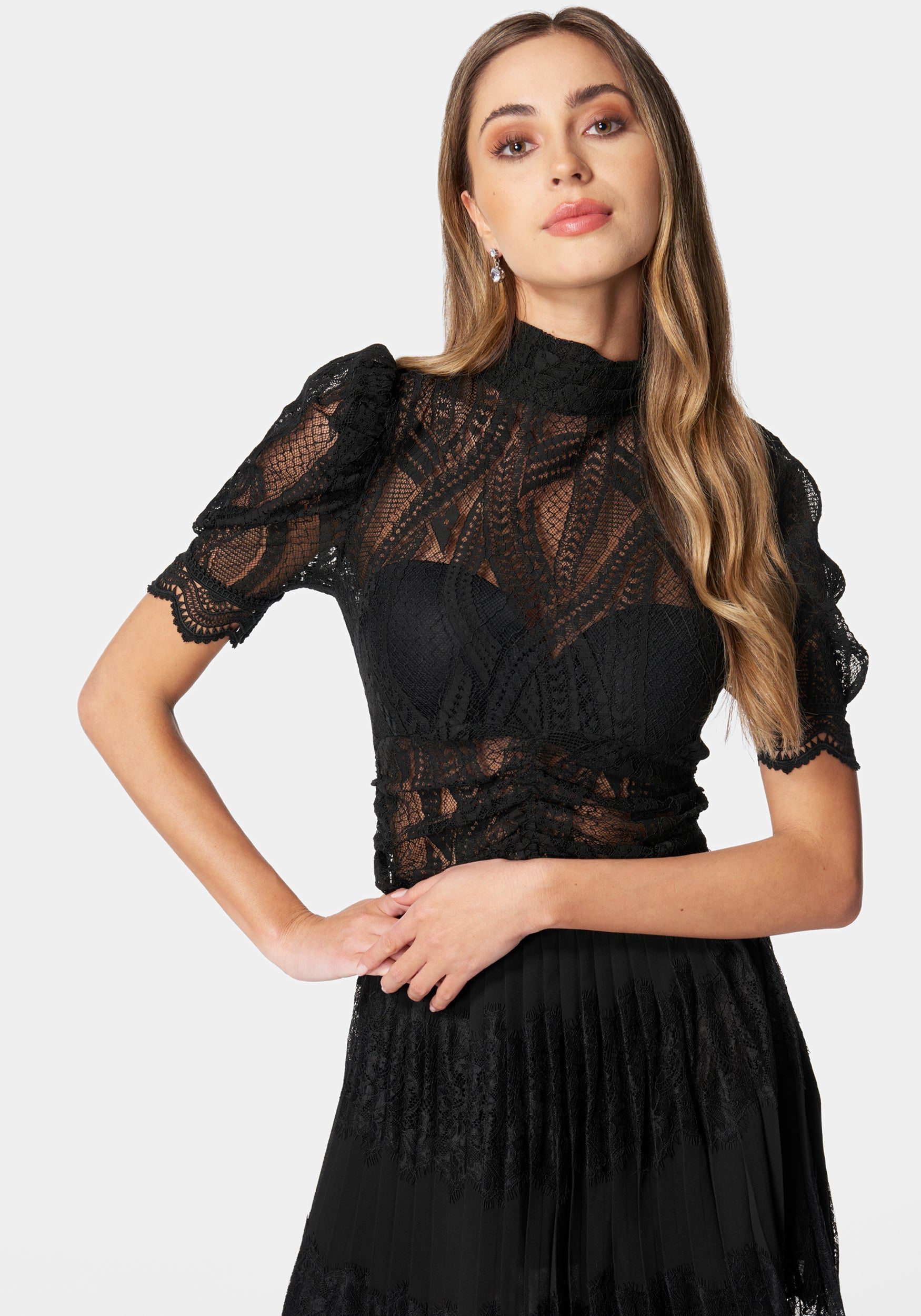 Image of Puff Sleeve Ruched Waist Lace Top
