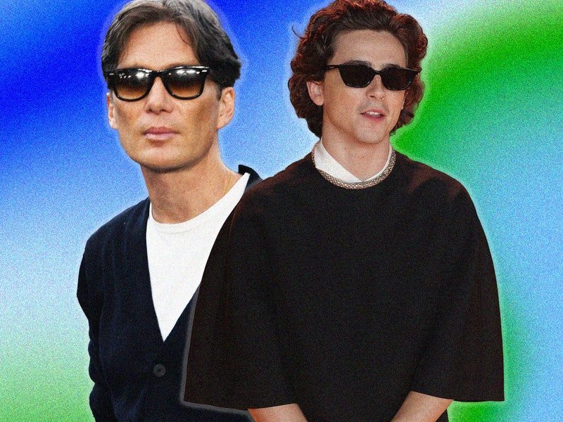 Image may contain: Cillian Murphy, Timothée Chalamet, Accessories, Sunglasses, Glasses, Clothing, T-Shirt, Face, and Head