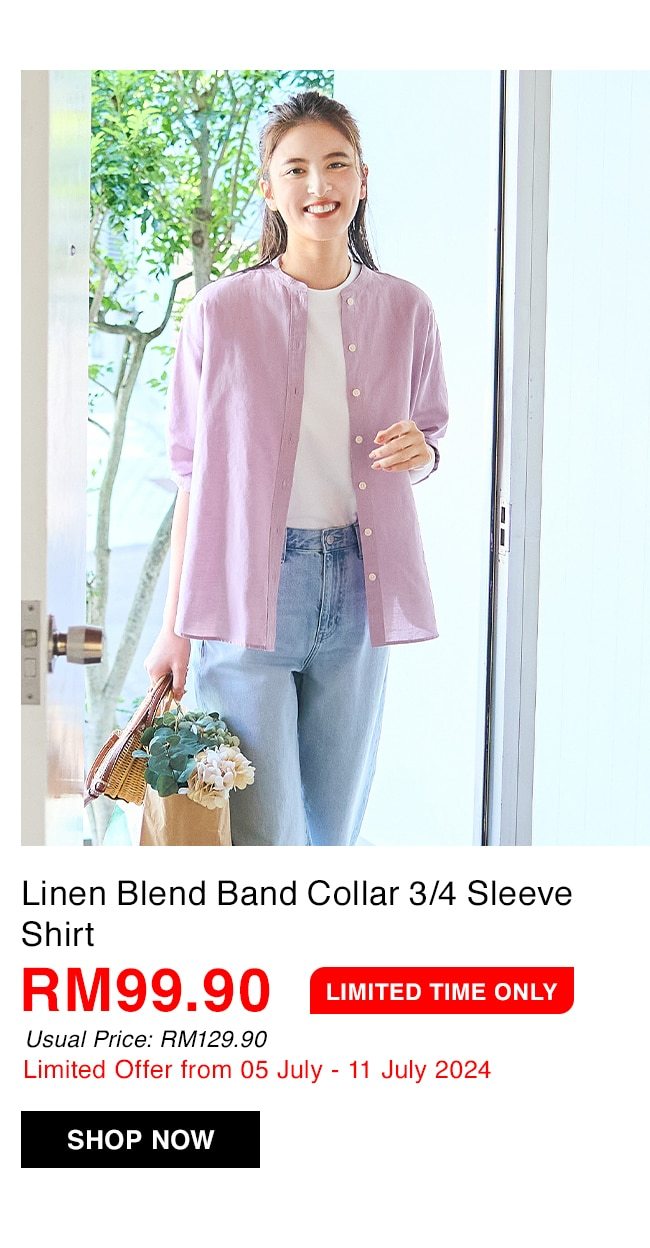 Linen Blend Band Collar 3/4 Sleeve Shirt