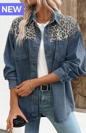 Denim Blue Patchwork Leopard Long Sleeve Shirt