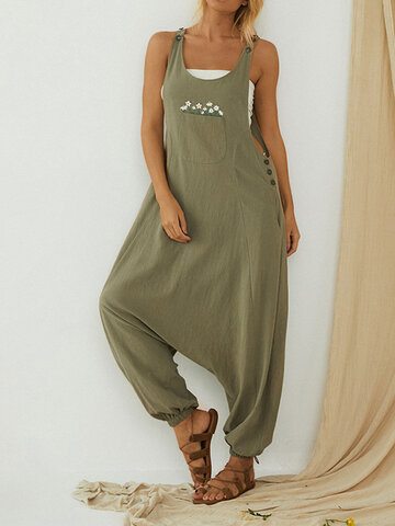 Daisy Embroidered Button Jumpsuit