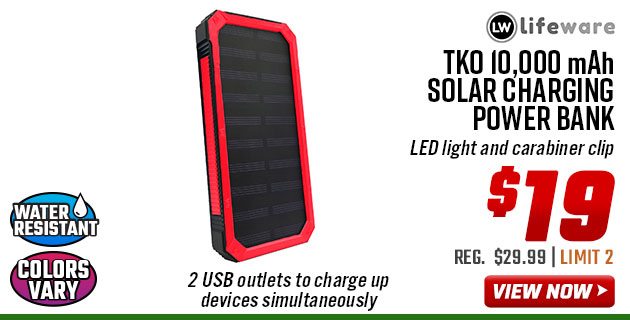 Lifeware TKO 10,000 mAh Solar Charging Power Bank