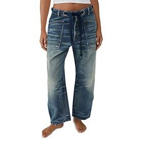 Free People Moxie Low Slung Pull On Barrel Jeans in Timeless Blue