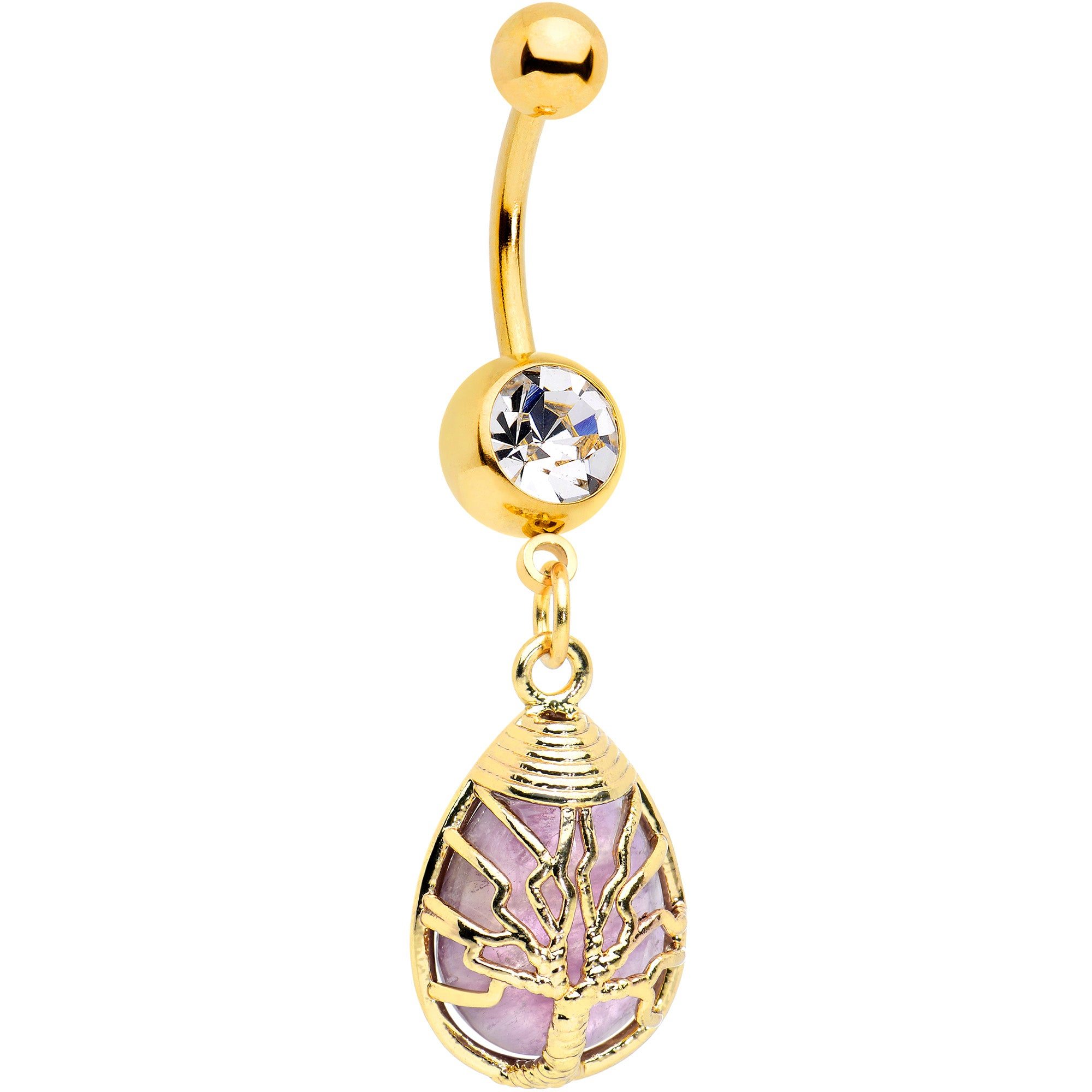 Image of Purple Amethyst Gold Tone Drop Tree Dangle Belly Ring