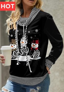 Black Patchwork Snowman Print Christmas Cowl Neck Sweatshirt