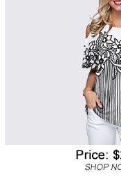 Flower Print Cold Shoulder Striped Blouse