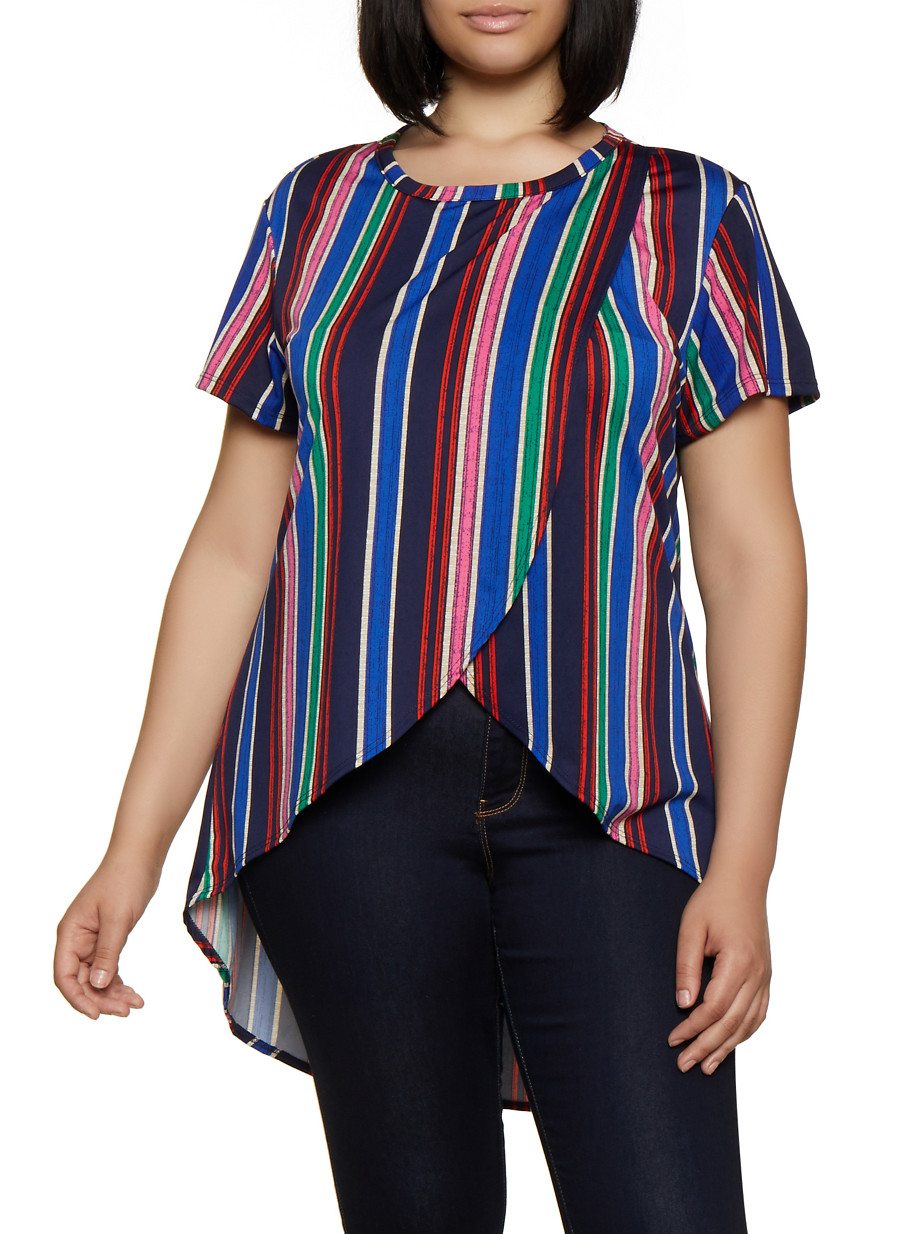 Plus Size Striped Tulip Hem High Low Top