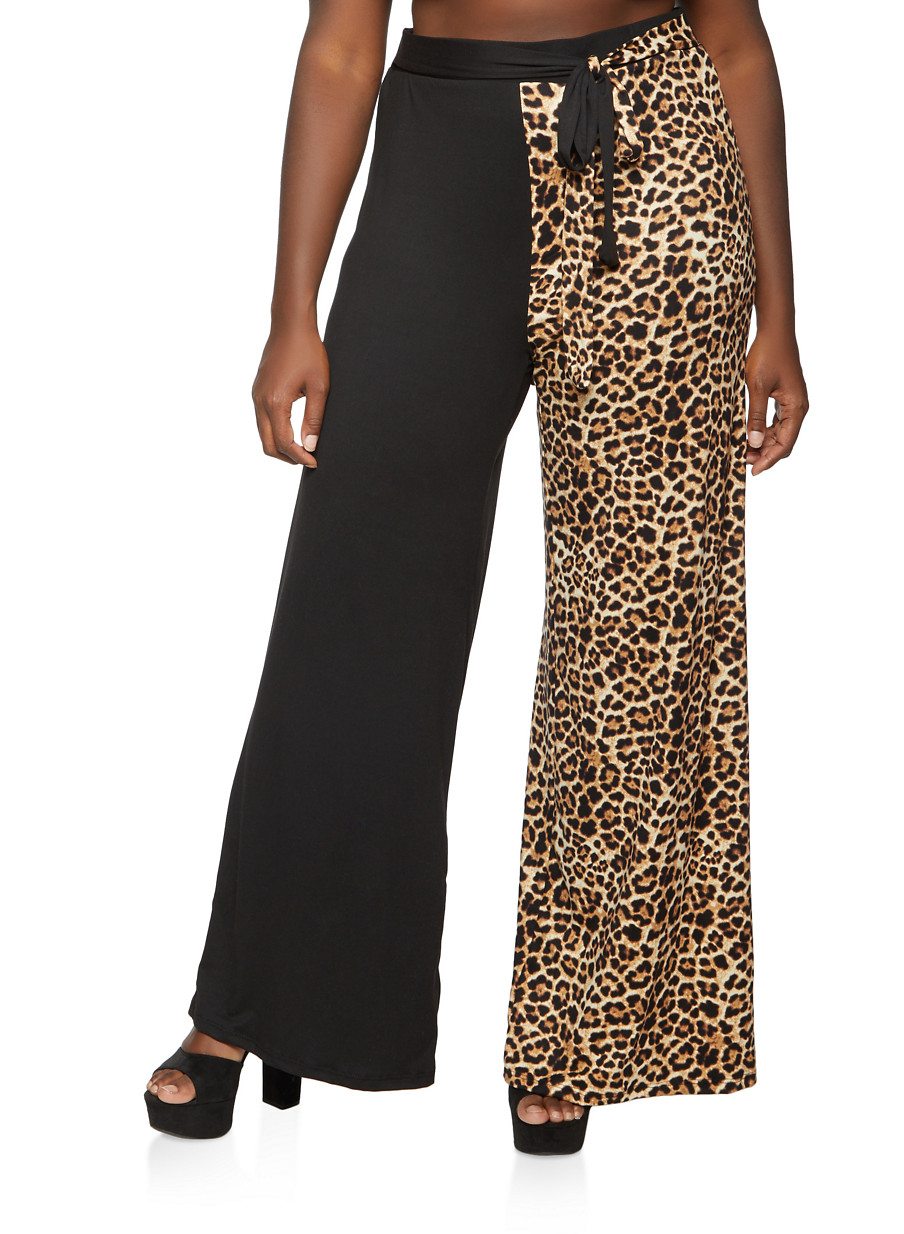 Plus Size Leopard Color Block Palazzo Pants