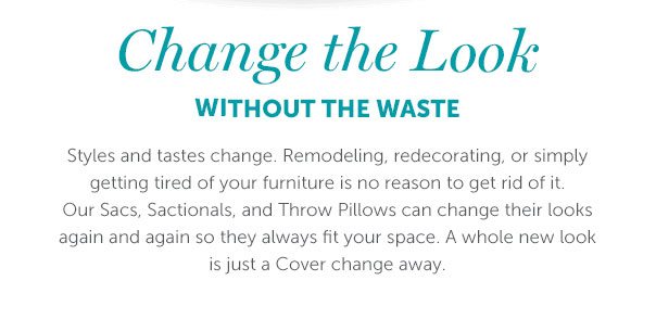 Styles and tastes change. Remodeling, redecorating, or simply getting tired of your furniture is no reason to get rid of it. Our Sacs, Sactionals, and Throw Pillows can change their looks again and again so they always fit your space. A whole new look is just a Cover change away.