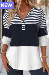 Navy Button Striped Long Sleeve Split Neck Sweatshirt