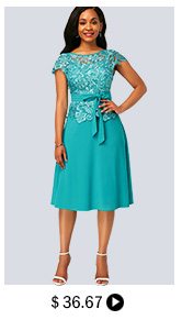 Lace Panel Cyan Cap Sleeve Dress