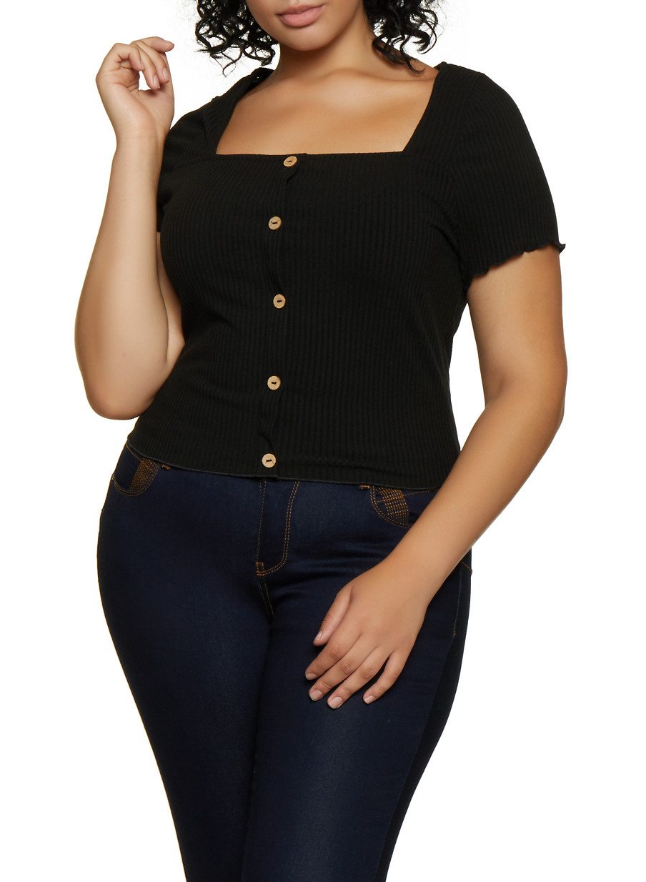 Plus Size Rib Knit Button Detail Top