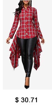 Asymmetric Hem Button Front Plaid Print Shirt