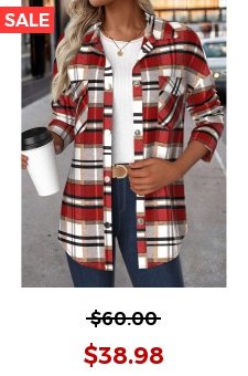 Red Patchwork Plaid Long Sleeve Turn Down Collar Coat