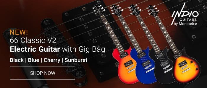 NEW Indio (logo) by Monoprice 66 Classic V2 Electric Guitar with Gig Bag Black | Blue|Cherry|Sunburst Shop Now >>