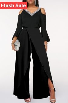 ROTITA Sequin Black Long Sleeve V Neck Jumpsuit