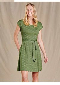 Cue Wrap Short Sleeve Dress - Left Panel - Bronze Green Print Citron
