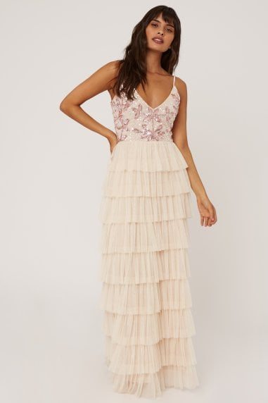 Fleur Nude Floral Sequin Tiered Hem Maxi Dress