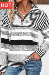 Black Zipper Striped Long Sleeve Turn Down Collar Sweatshirt