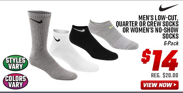 Nike Men's Low-Cut, Quarter or Crew Socks or Women's No-Show Socks | 6-Pack