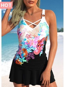 ROTITA Circular Ring Multi Color Marine Life Print Tankini Set