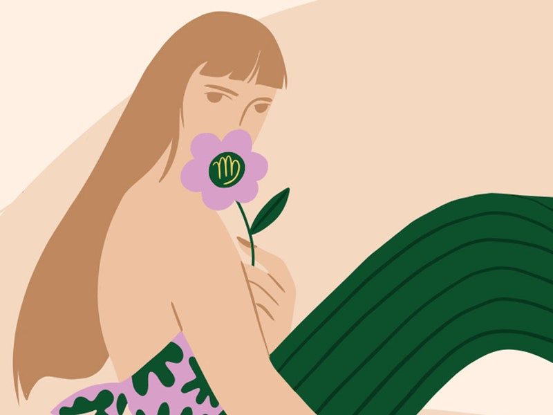 Illustration of femme in green pants and tube top and platforms smelling a flower